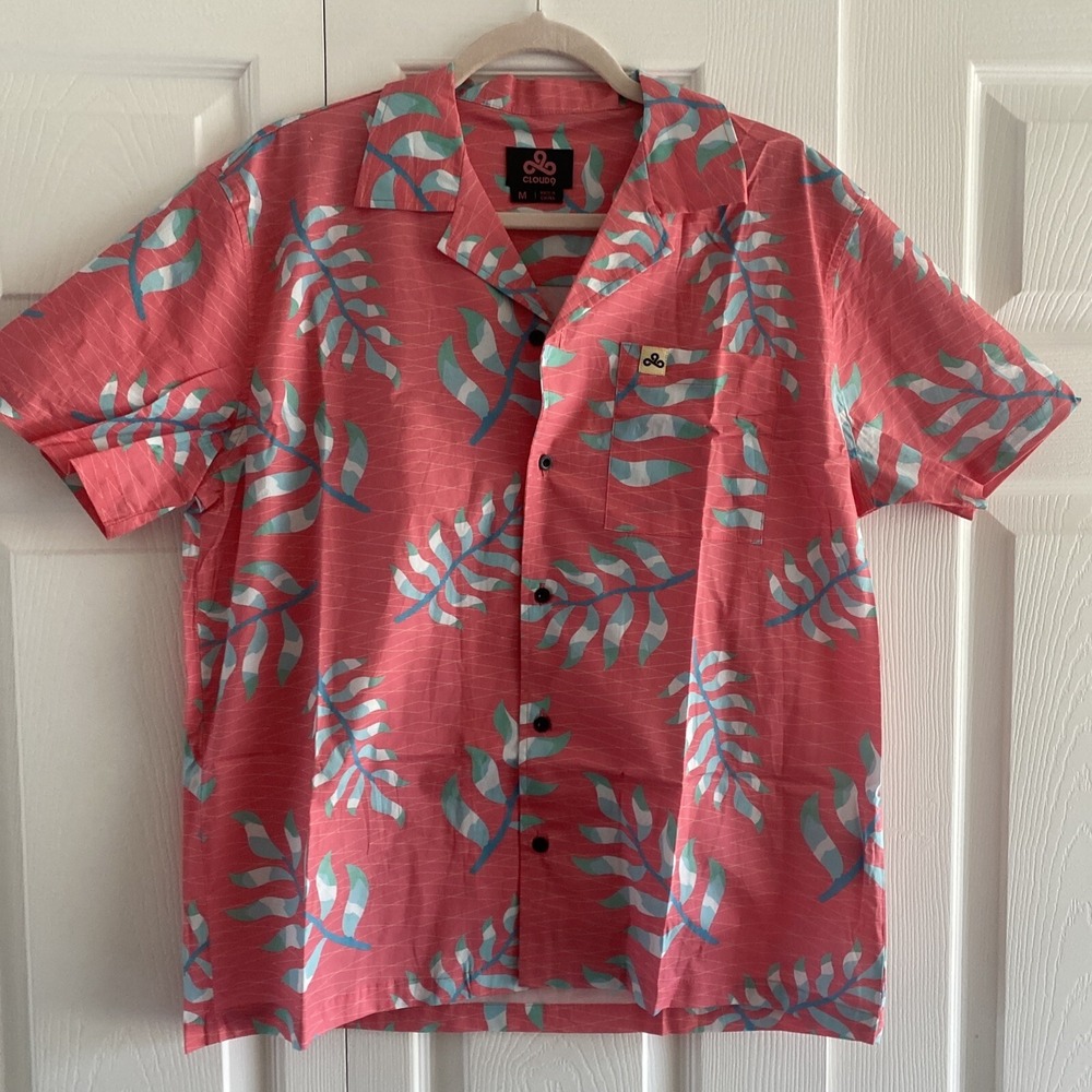 Cloud9 Leaf Print Button Up Shirt Mens Size M Coral Pink‎ Cotton Blend Tropical
